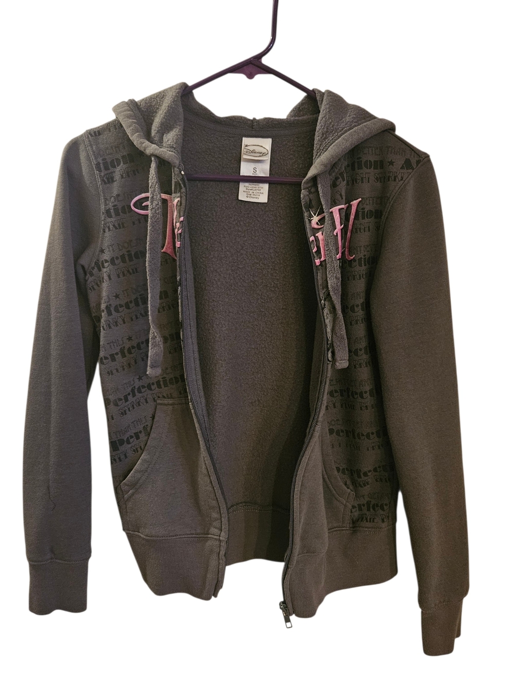 Disney Gray Hooded Teddy Zip Jacket with Pink Logo